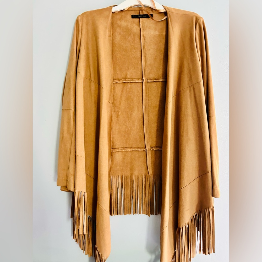 Zara Tan Fringe Faux Suede Open Cardigan